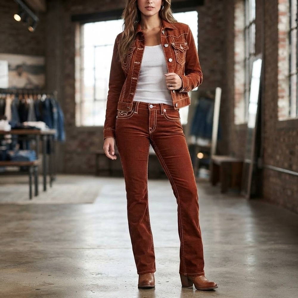 True Religion Vintage Women's Size 29 Joey Big T Velvet Flare Jeans Burnt Orange